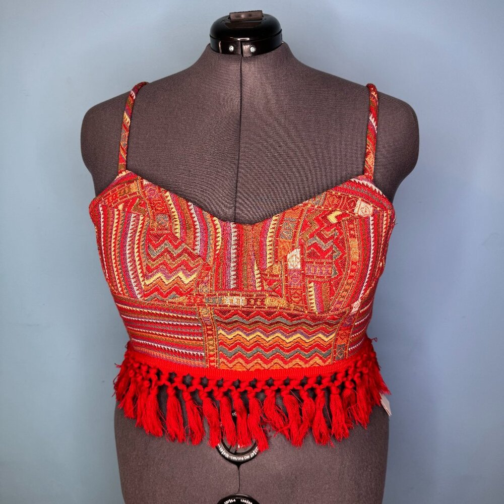 Colorful Woven Tank Top with Red Fringe Tassel Trim